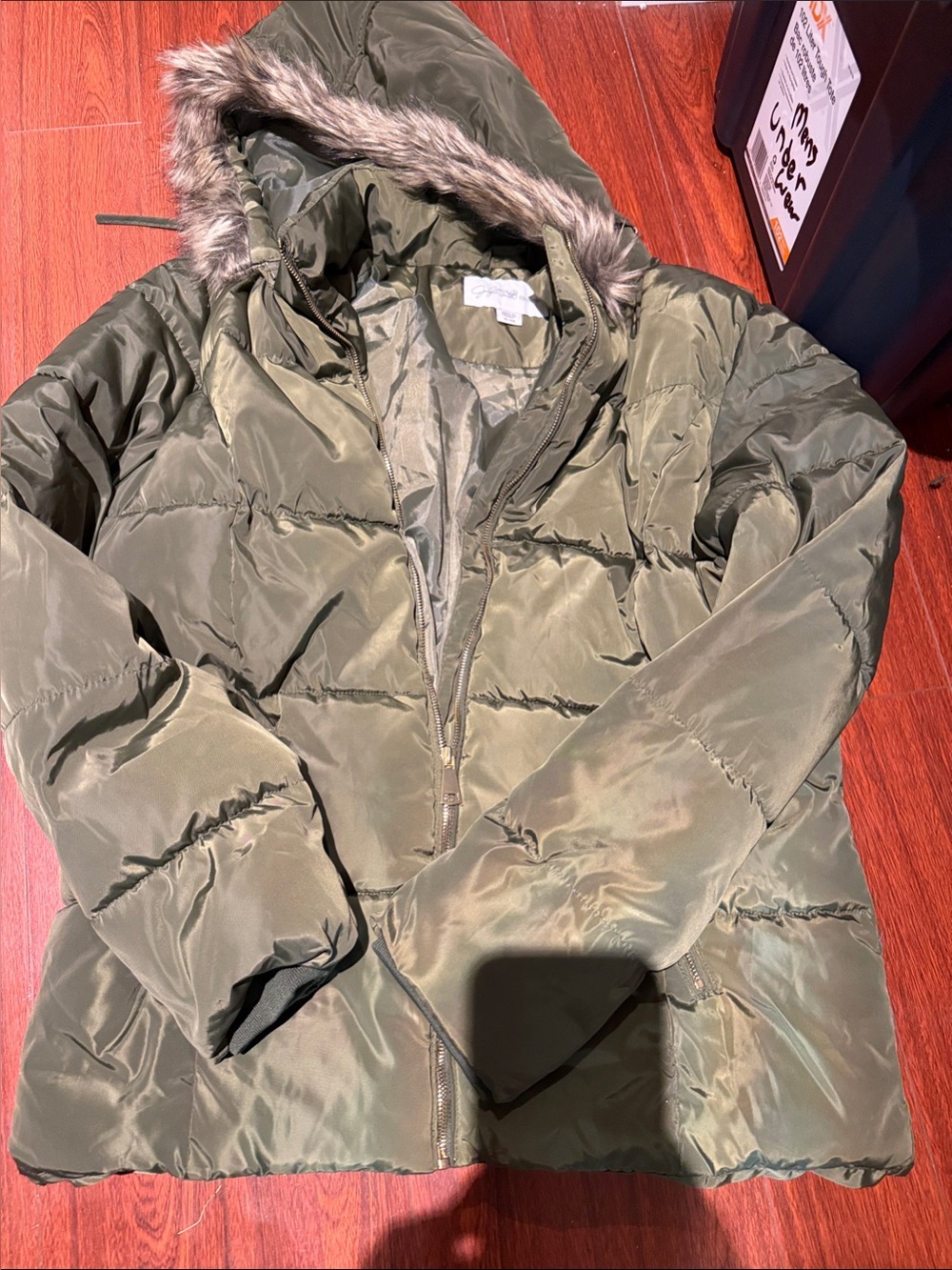 NWT XL Jaclyn Smith Hooded Olive Puffer Coat with Faux-Fur Trim removable hood